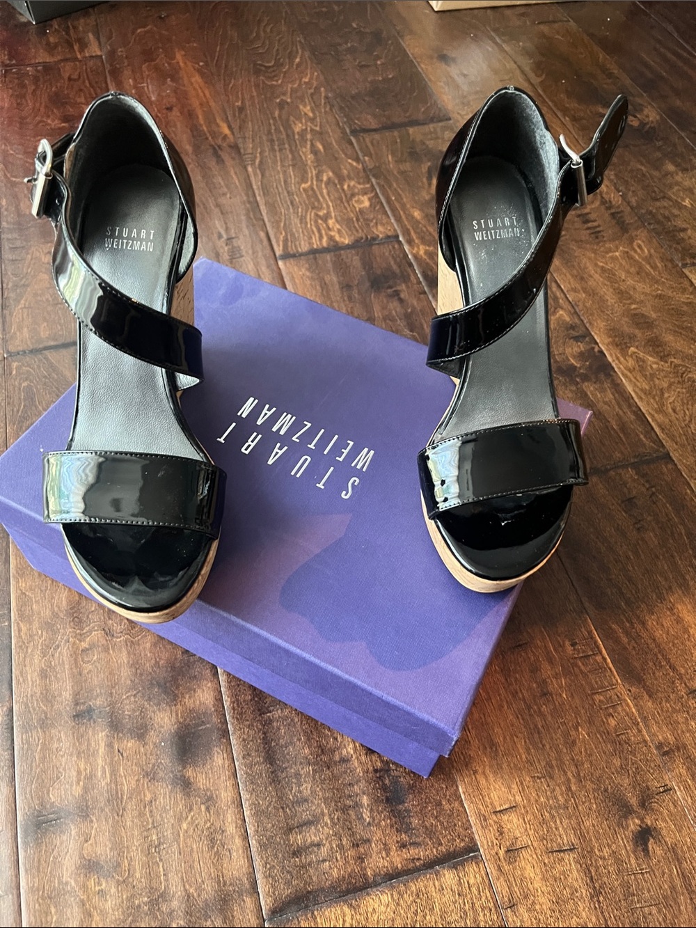 Stuart Weitzman Black Patent Cork Wedge Sandals with Ankle Strap - Picture 9 of 9